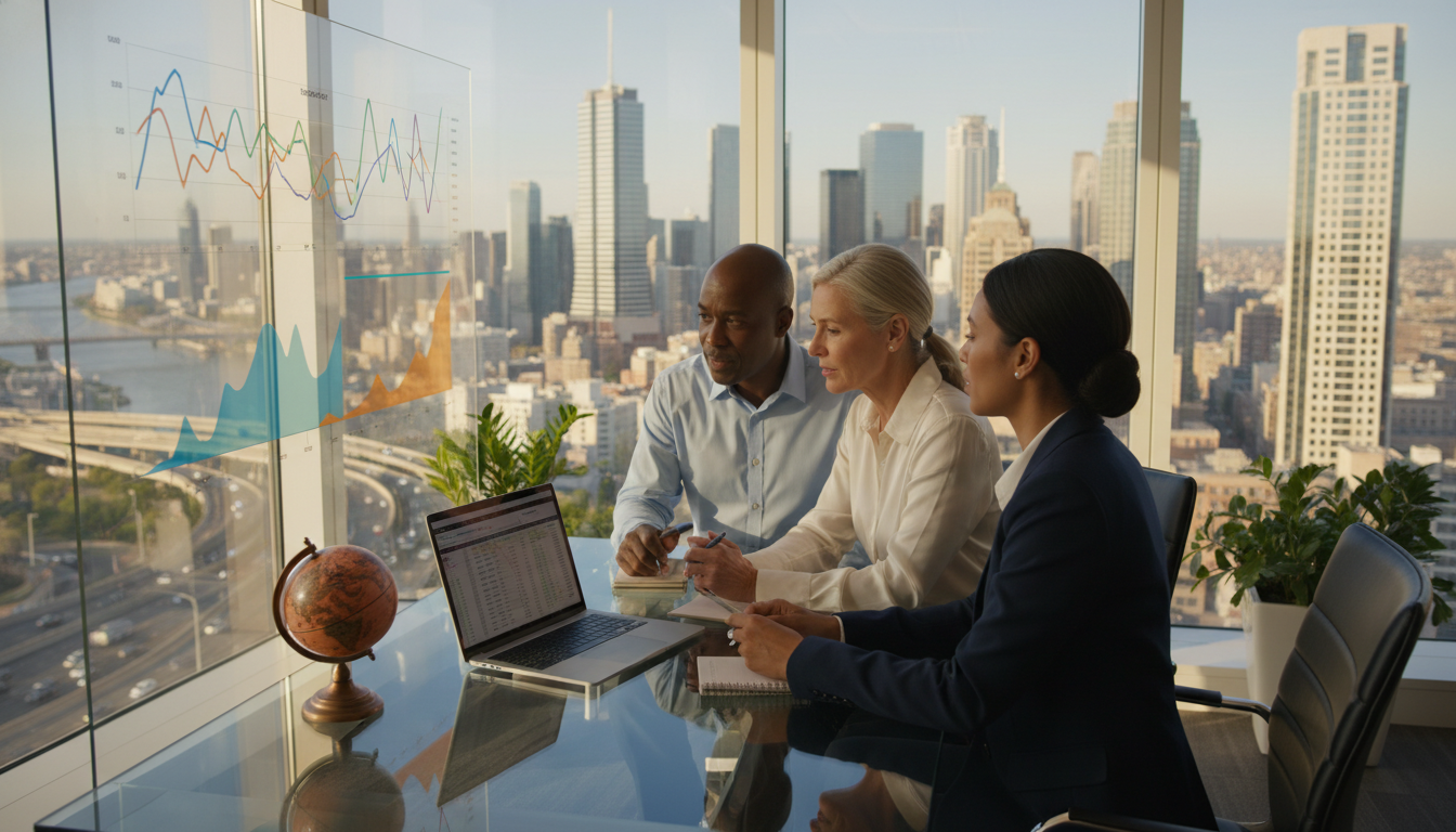 A professional financial advisor sitting at a modern glass desk with a laptop and a small globe, discussing colorful financial growth charts with a mature, diverse expat couple in a sunlit high-rise office overlooking a global metropolitan skyline.