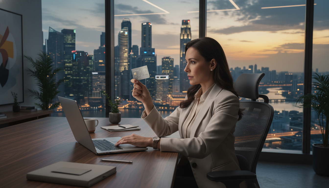 A professional expat sitting in a modern high-rise office overlooking a global financial district like Singapore or Dubai, looking at a laptop and holding a sleek platinum bank card, photorealistic, cinematic lighting, 8k resolution