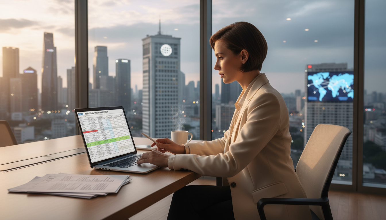 A photorealistic, high-resolution image of a professional woman in a bright, modern office reviewing mortgage documents on a laptop with a view of a city skyline in the background, symbolizing global finance.