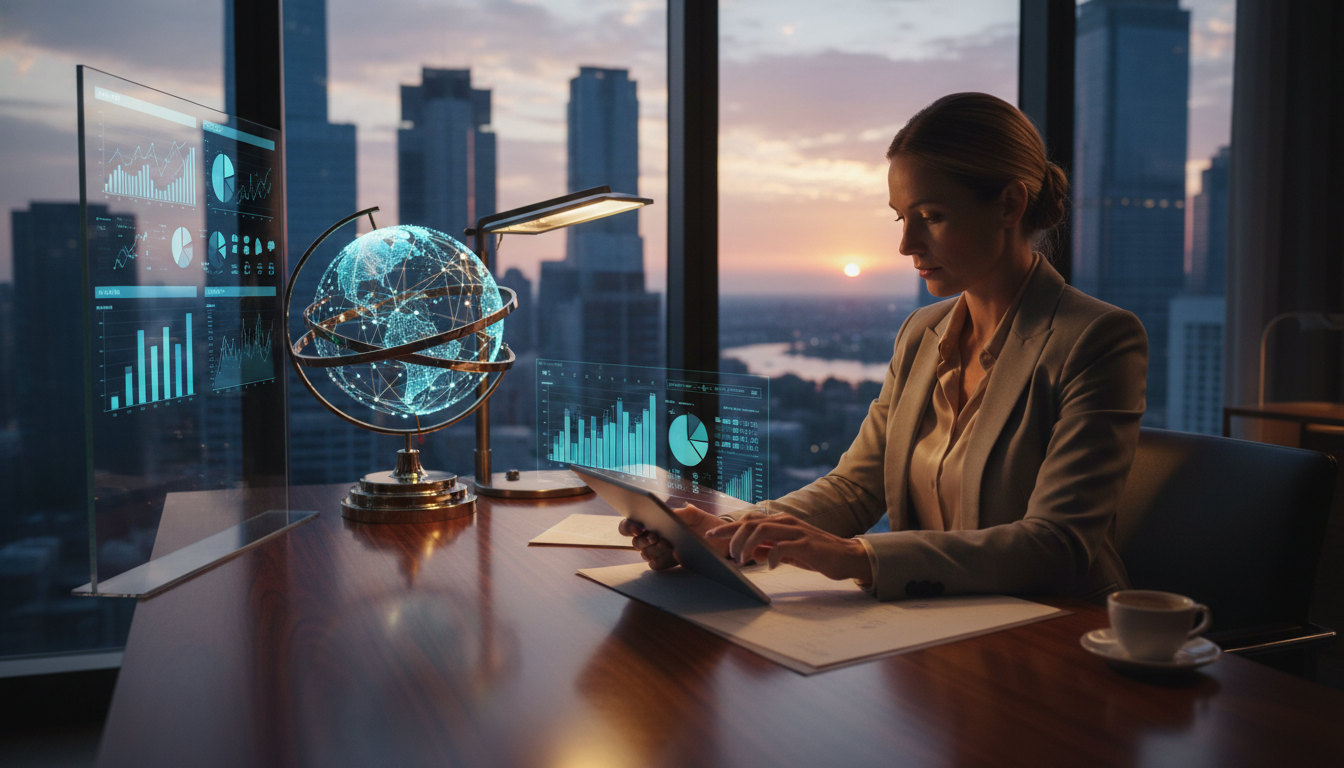 A professional expat in a modern home office overlooking a global skyline, reviewing financial documents on a tablet with digital charts and a stylized globe in the background, cinematic lighting, 8k resolution, photorealistic.