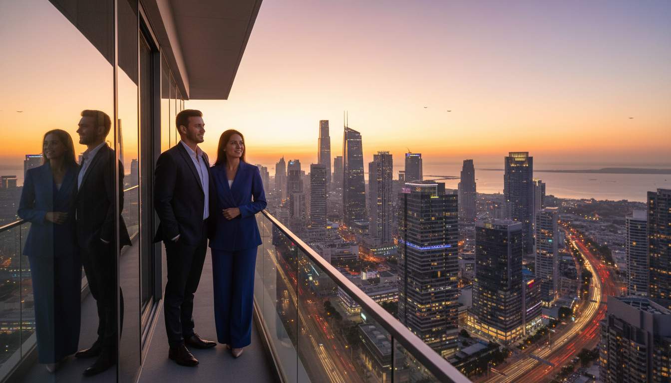 A professional expat couple standing on a balcony overlooking a modern international business district at sunset, looking confident and at peace, photorealistic style, 8k resolution, cinematic lighting.