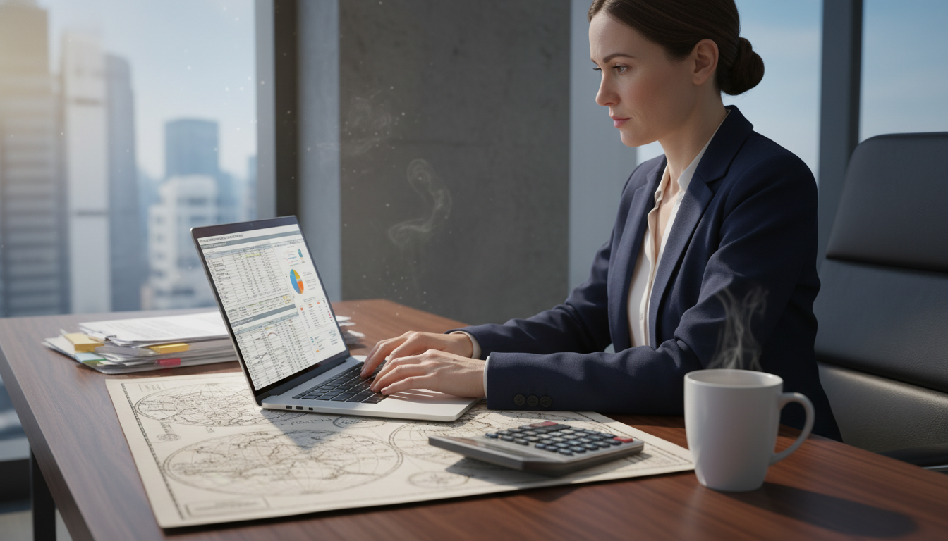 A professional financial advisor in a sleek, modern office setting, meticulously reviewing complex international tax documents on a high-end laptop with a world map and a calculator visible on the desk, photorealistic style with soft natural lighting.