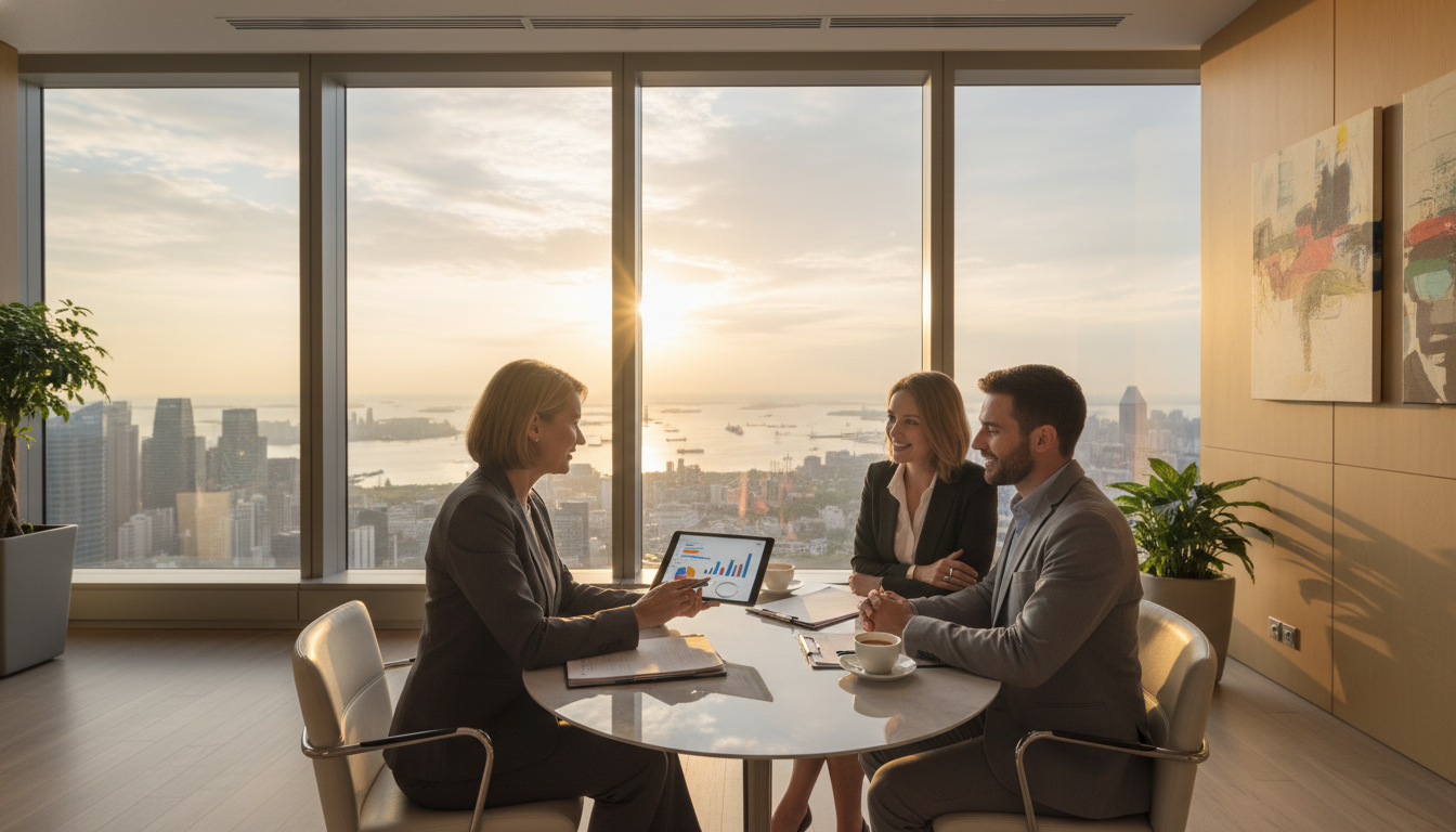 A professional financial advisor in a modern, sunlit high-rise office overlooking a global financial hub like Singapore or Zurich, discussing wealth management strategies with a professional expat couple, photorealistic, 8k resolution, cinematic lighting