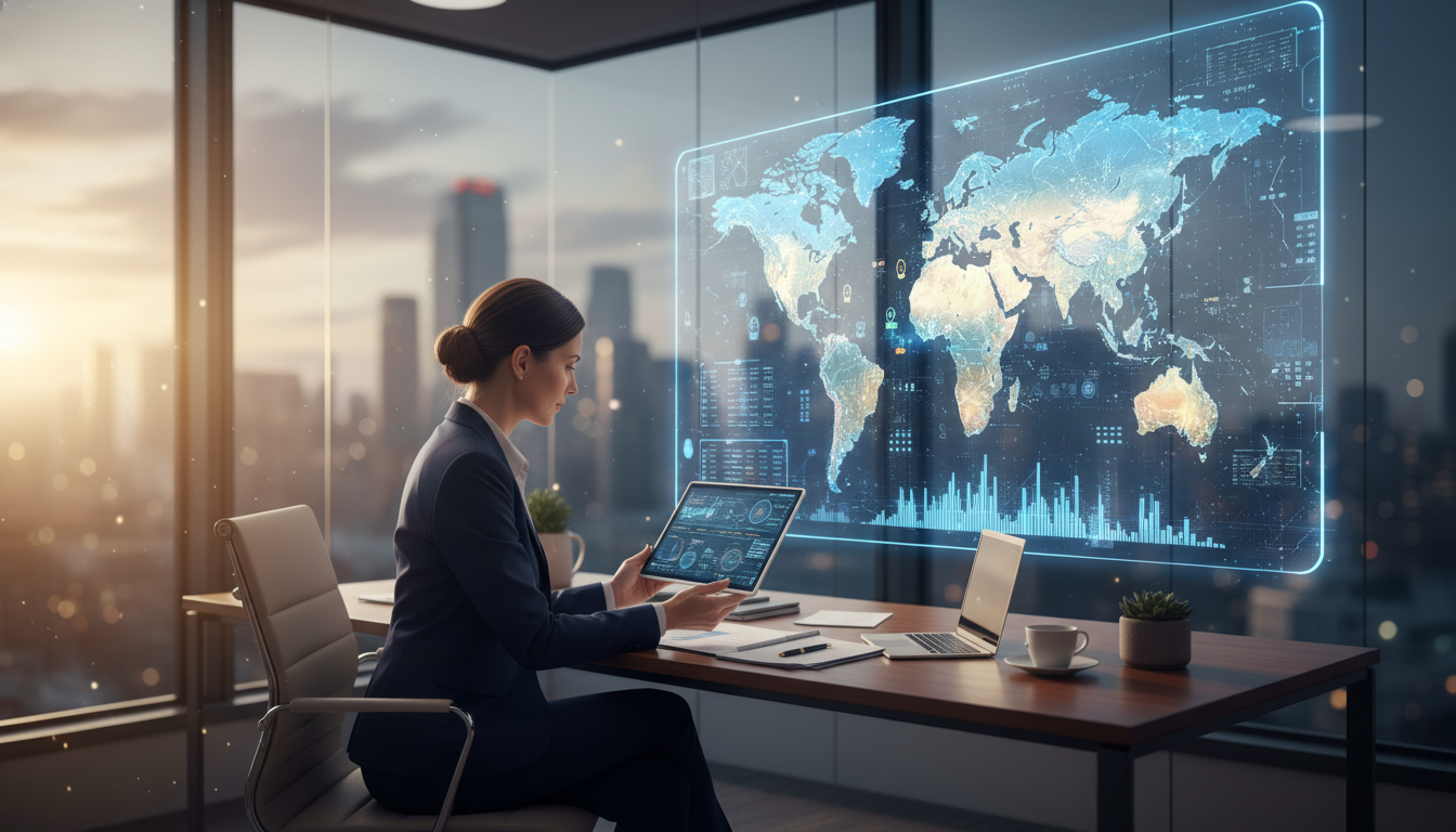A professional tax consultant sitting in a modern glass office, reviewing financial documents on a tablet with a glowing digital world map in the background, cinematic lighting, 4k resolution, photorealistic.